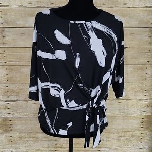 Clara Sun Woo Dolman Sleeve Tie Front Abstract Black & White Top Size Medium